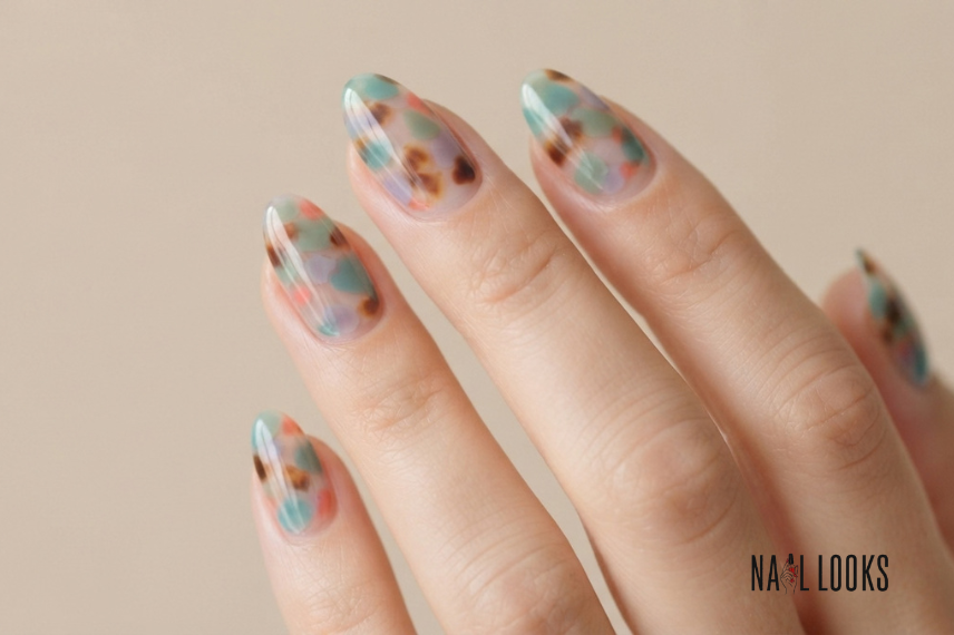 pastel tortoiseshell nails in teal lilac and sage
