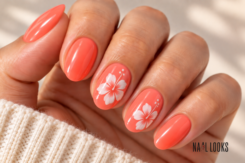 coral glossy short nails