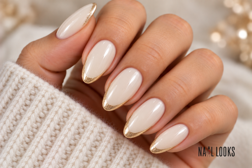 cream and gold French tip nails