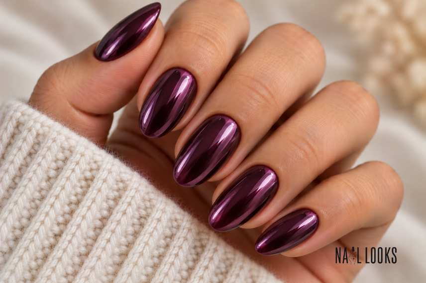 dark plum chrome nail design