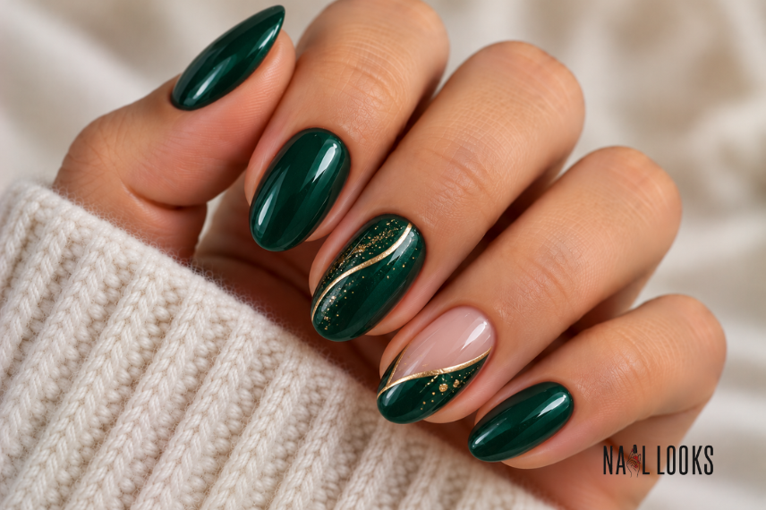 emerald green nails with gold details