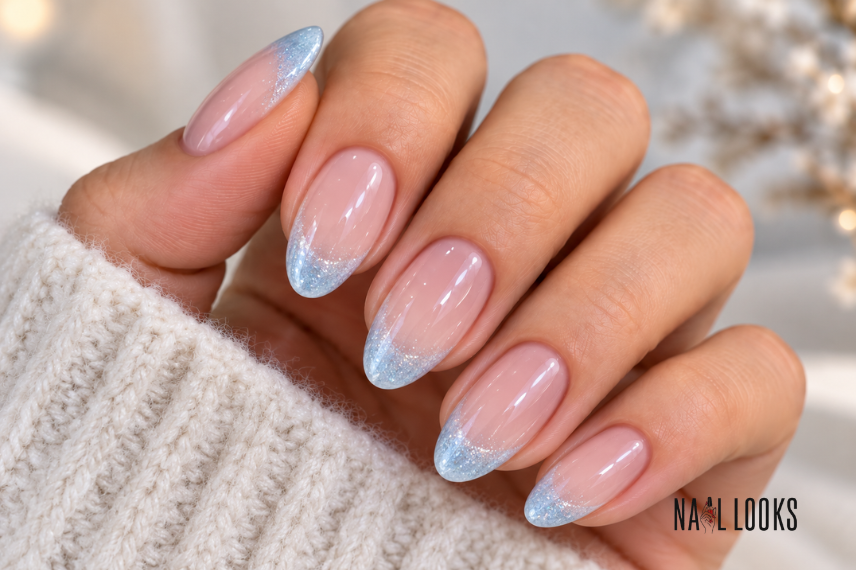frosted icy blue French tip nails