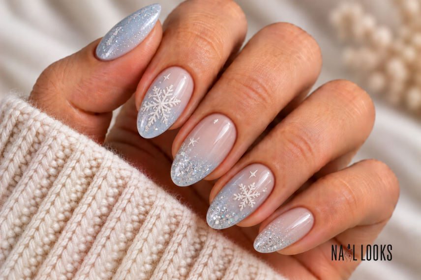 glitter snowflake nail design