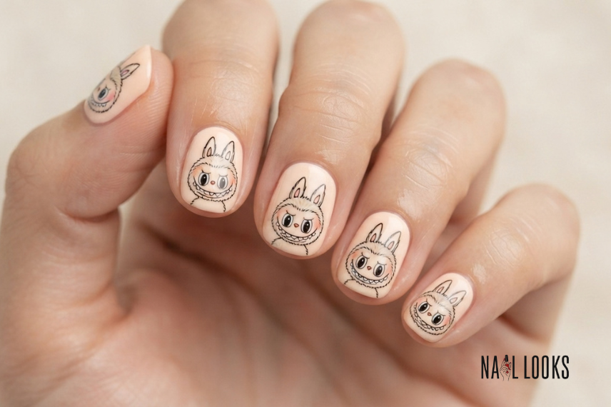 hand-painted Labubu face on an accent nail