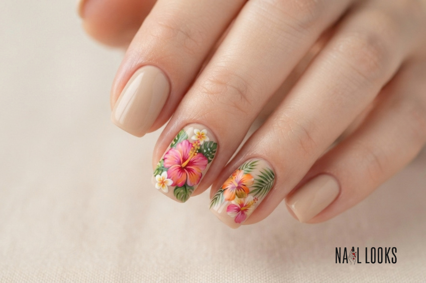 hibiscus summer nails with tropical flower art