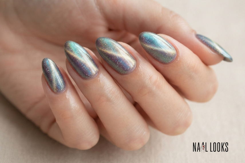 holographic cat-eye summer nails with shifting shimmer