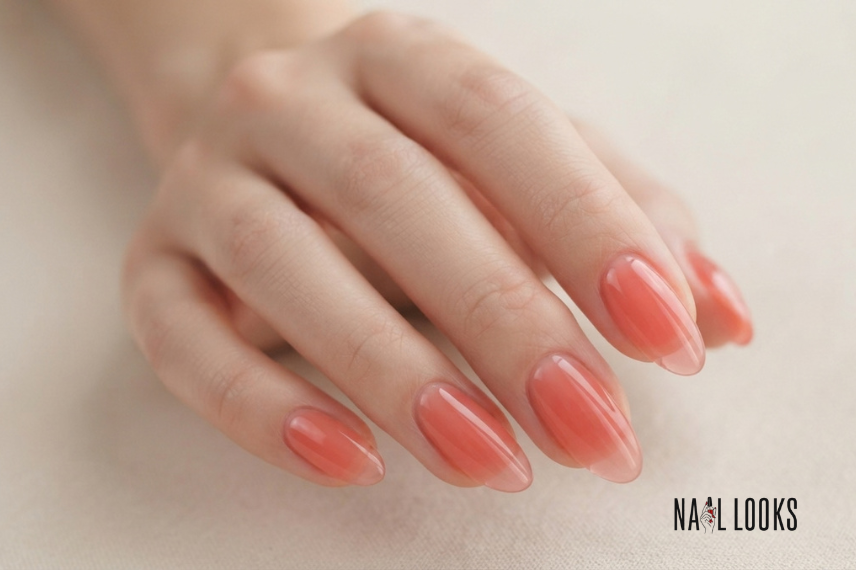 translucent jelly summer nails in pink and coral