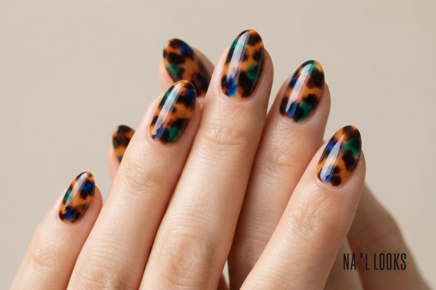 jewel-tone tortoiseshell nails with emerald accents