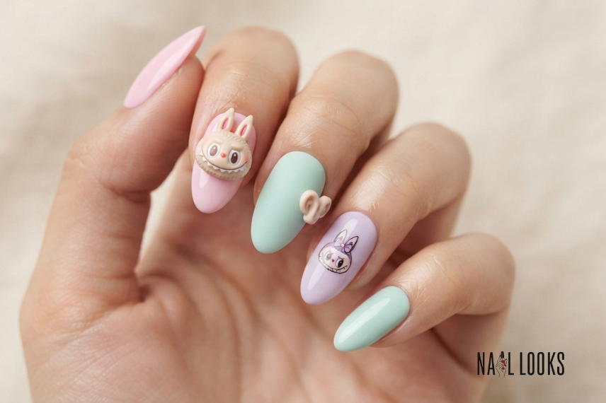 Labubu press-on nails with character charms