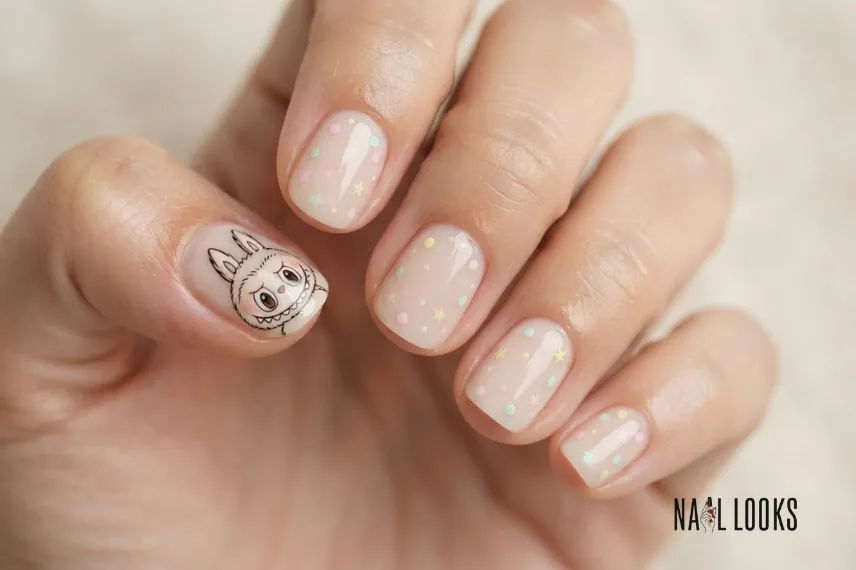 short Labubu nails with a simple painted character