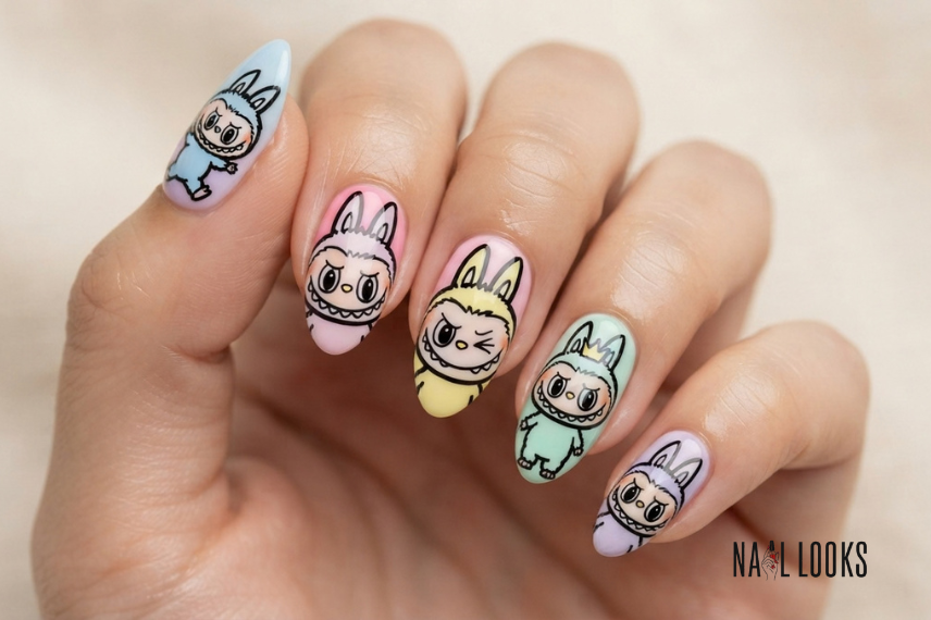 Labubu nail art with bold black cartoon outlines