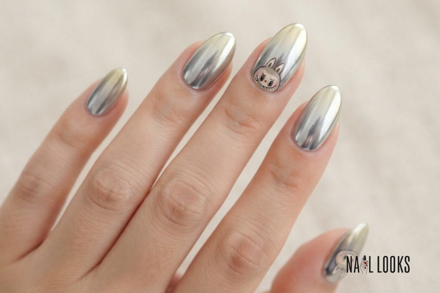 chrome Labubu nails with metallic accents