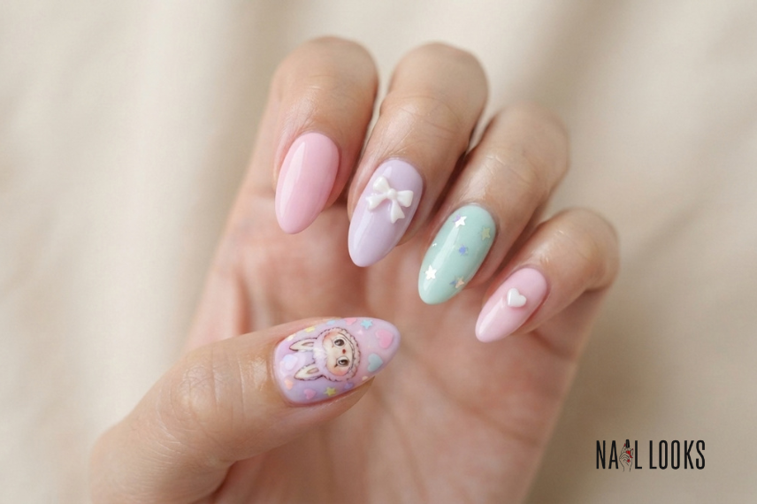 pastel kawaii Labubu nails with pink, lilac and mint