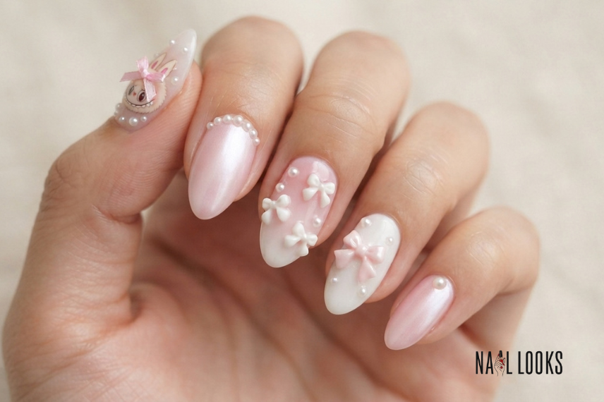 coquette Labubu nails with bows and soft pink details