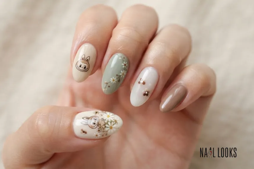 Labubu nails with small floral accents
