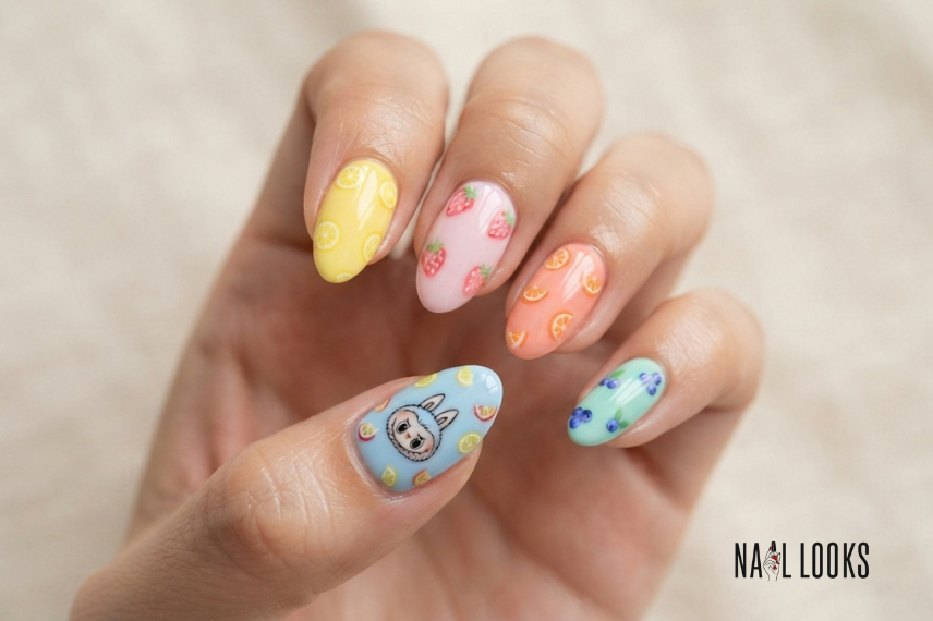 Labubu nails with colorful fruit-inspired nail art
