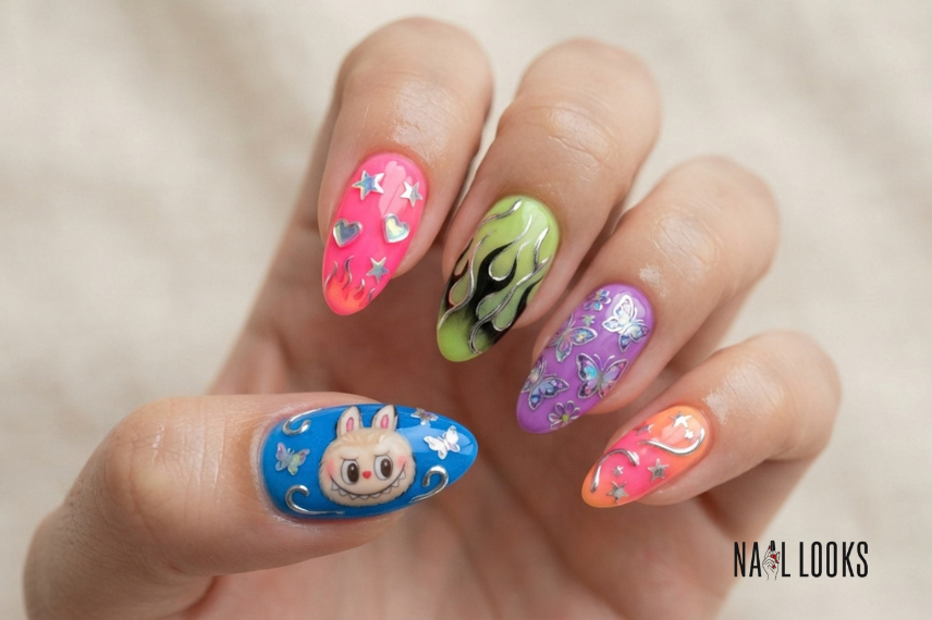 Y2K Labubu nails with chrome swirls and bright details