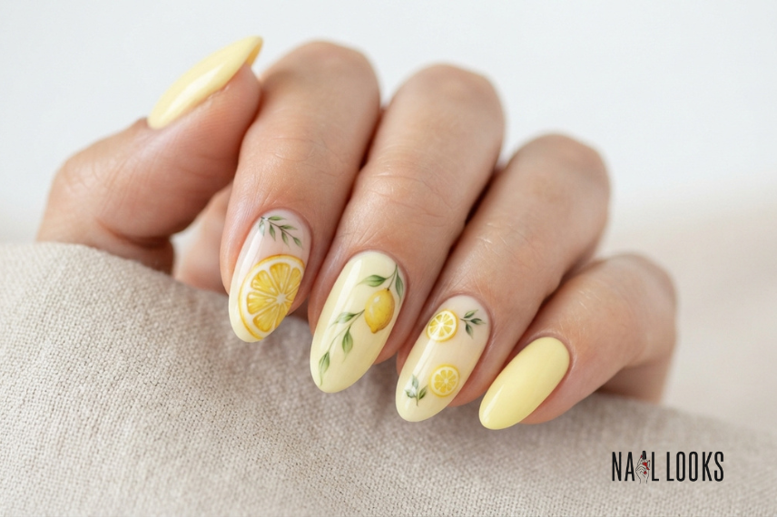 Lemon Nails With Green Leaves