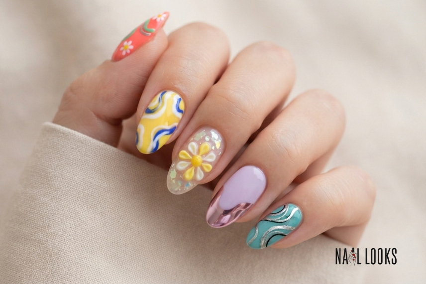maximalist summer nails with mixed colors and nail art