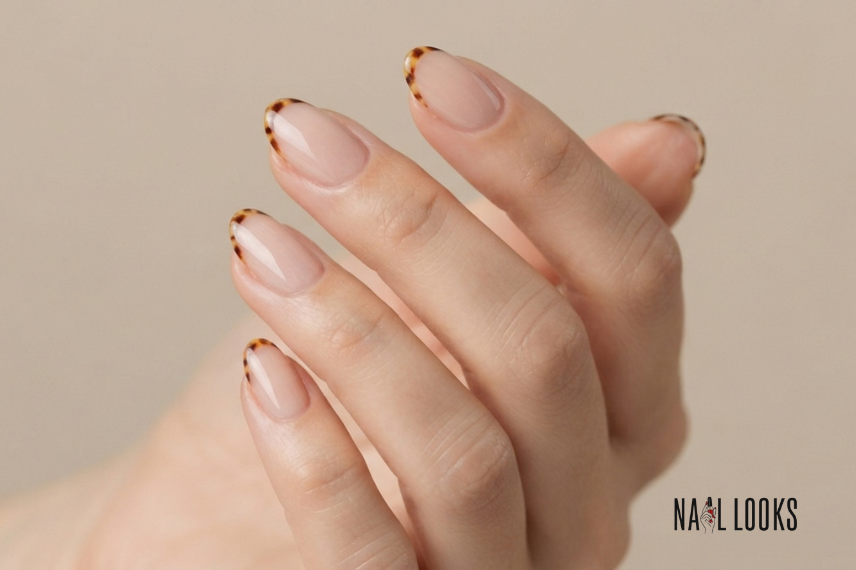 micro tortoiseshell tips on short natural nails
