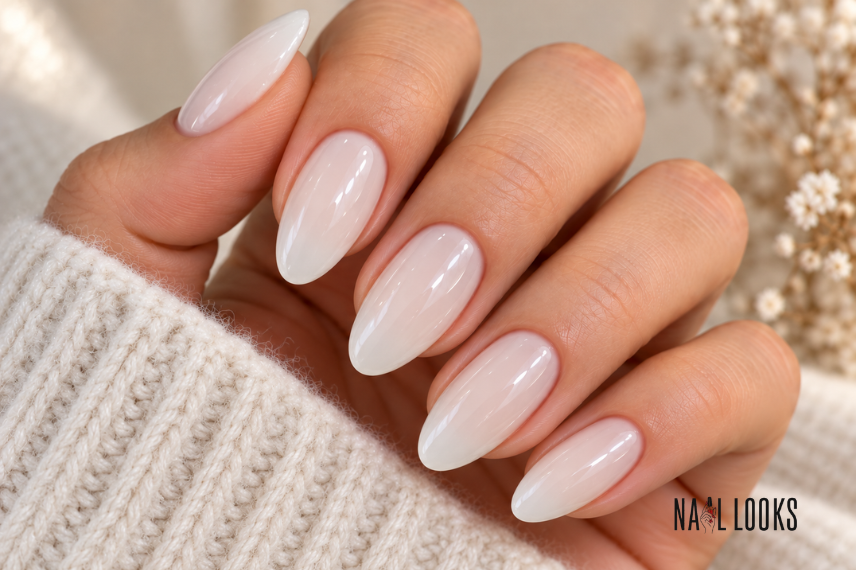 milky white almond nail design