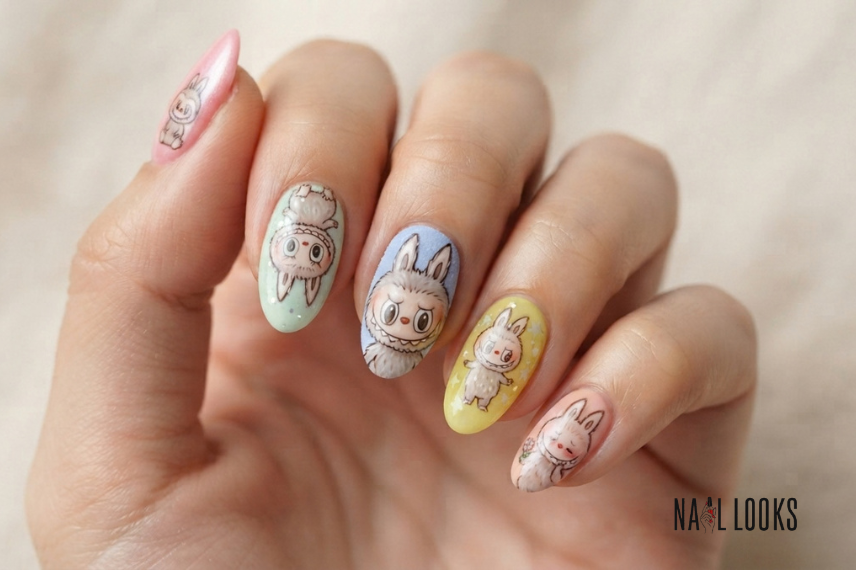Labubu nails inspired by a colorful blind box character