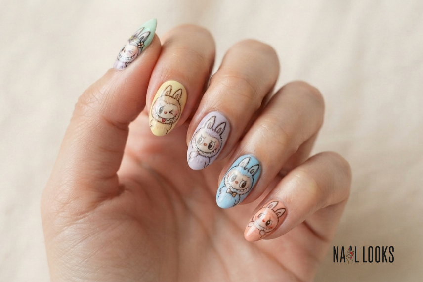 Labubu-inspired nails in a matching collectible color