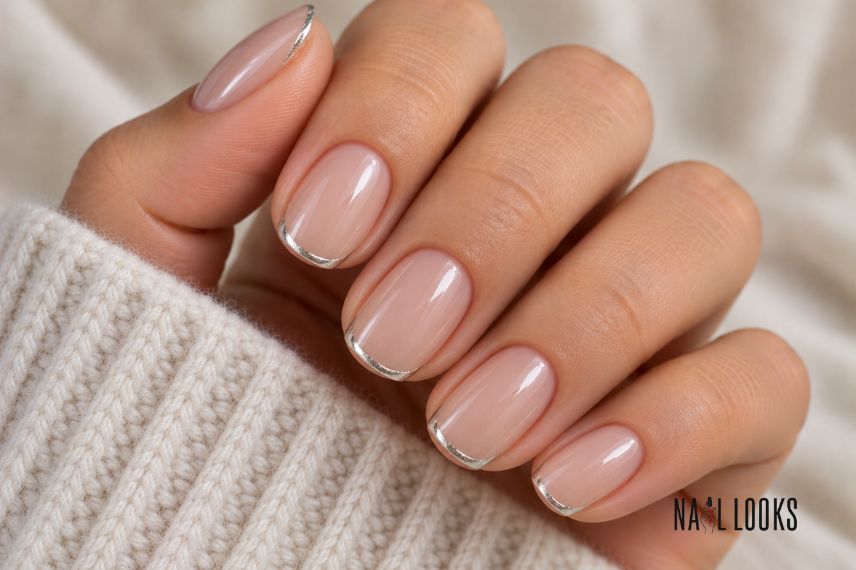nude nails with silver French tips