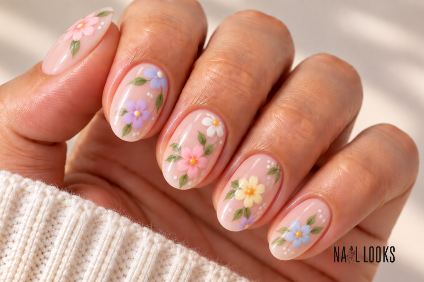 pastel floral short nail design