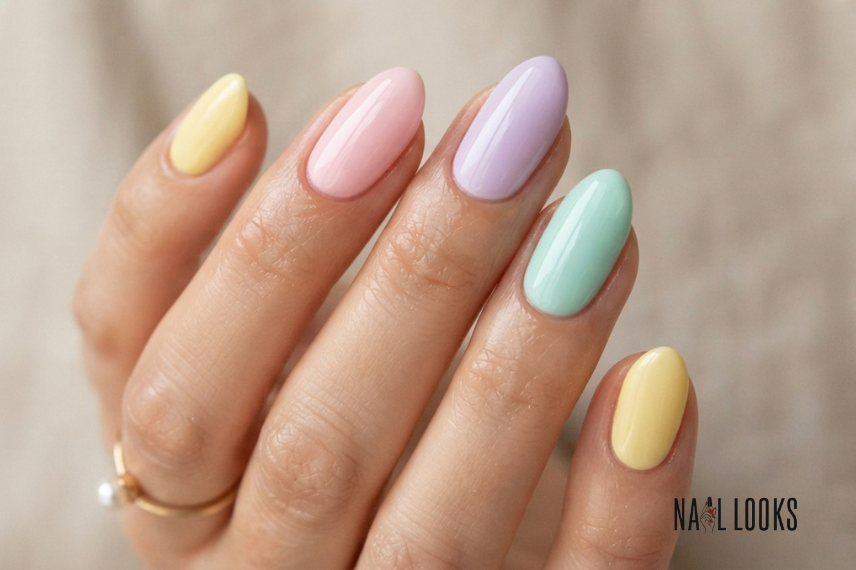 pastel gel summer nails in lavender pink and butter yellow