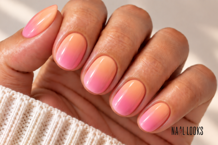 peach and pink ombre short nails