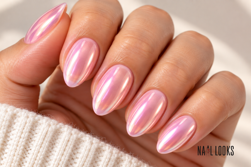 pink chrome short nail design