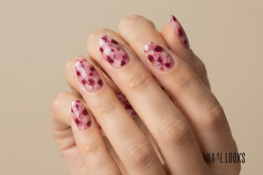 pink tortoiseshell nails with rose and berry tones