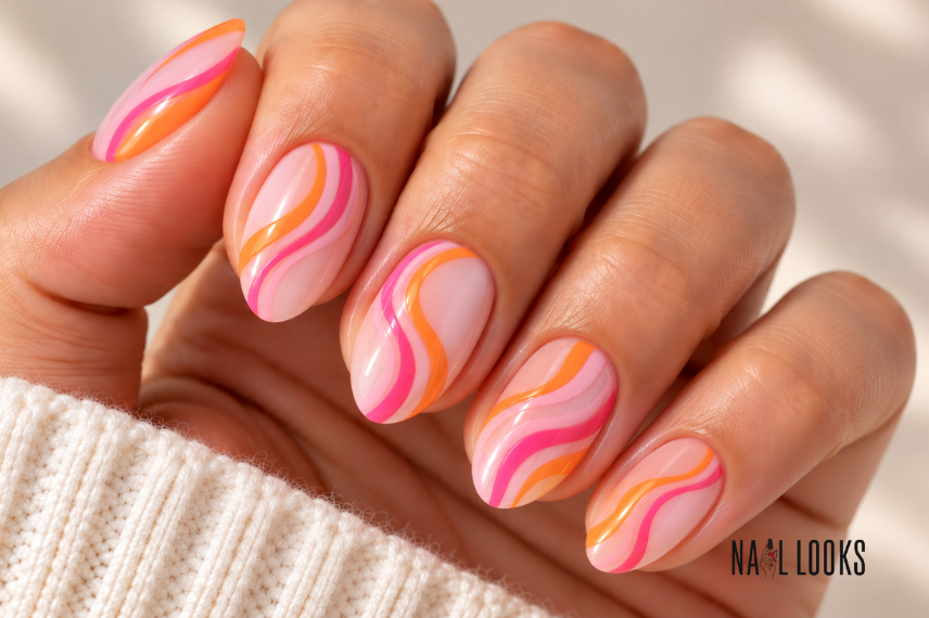 pink and orange swirl nail design
