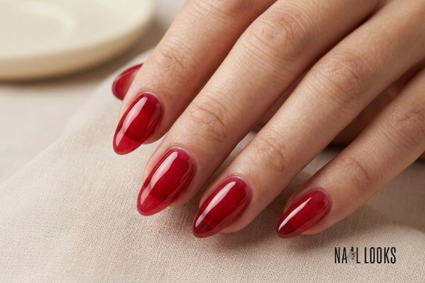 sheer red jelly nail design