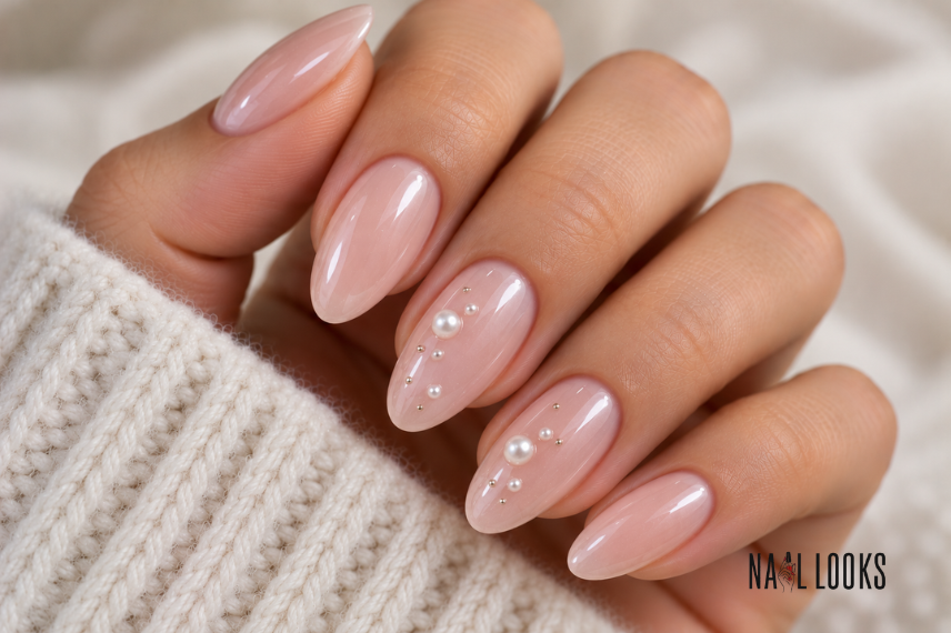 sheer pink nails with pearl details