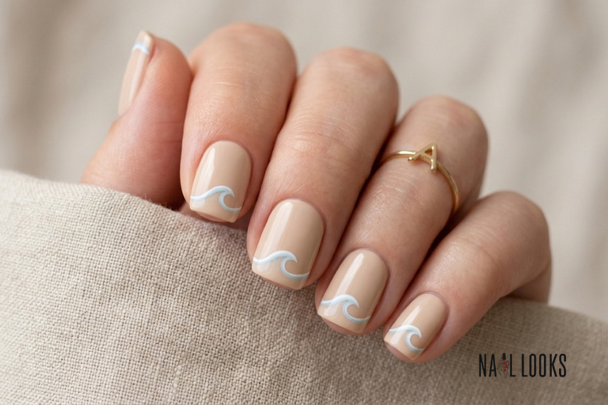 short round beach nails with wave line