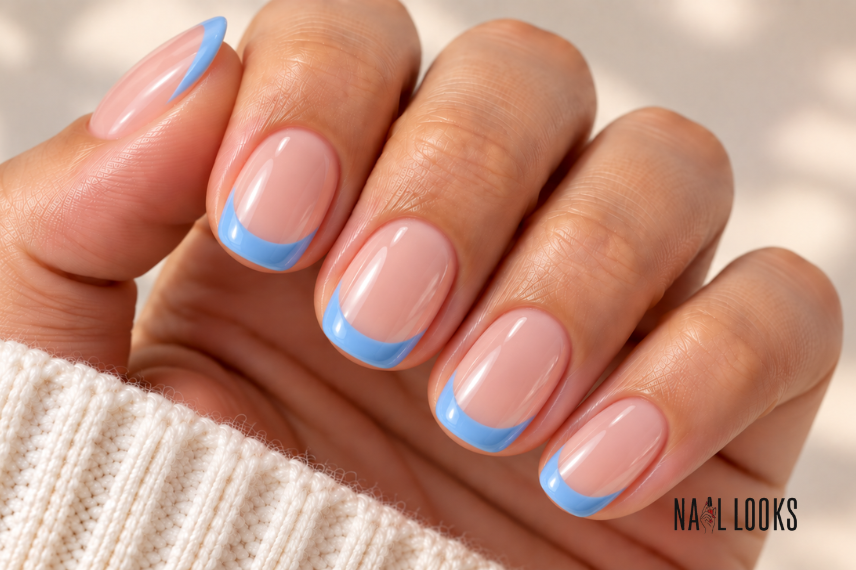 short blue French-tipped nails