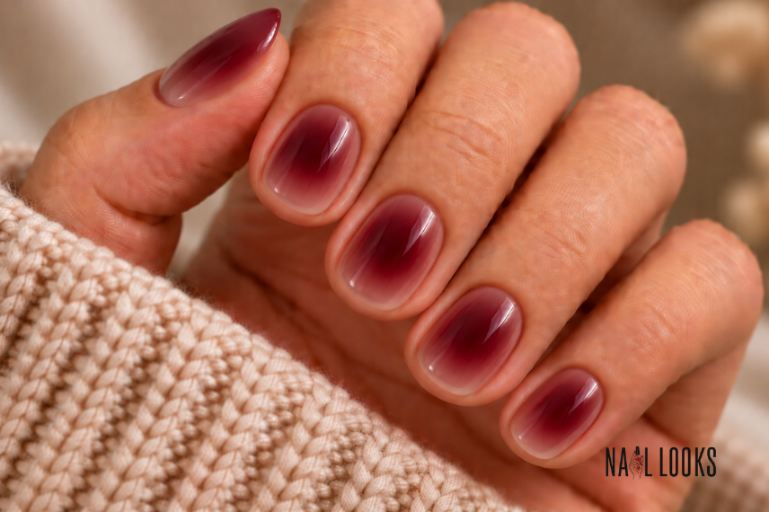 Short Burgundy Aura Nails