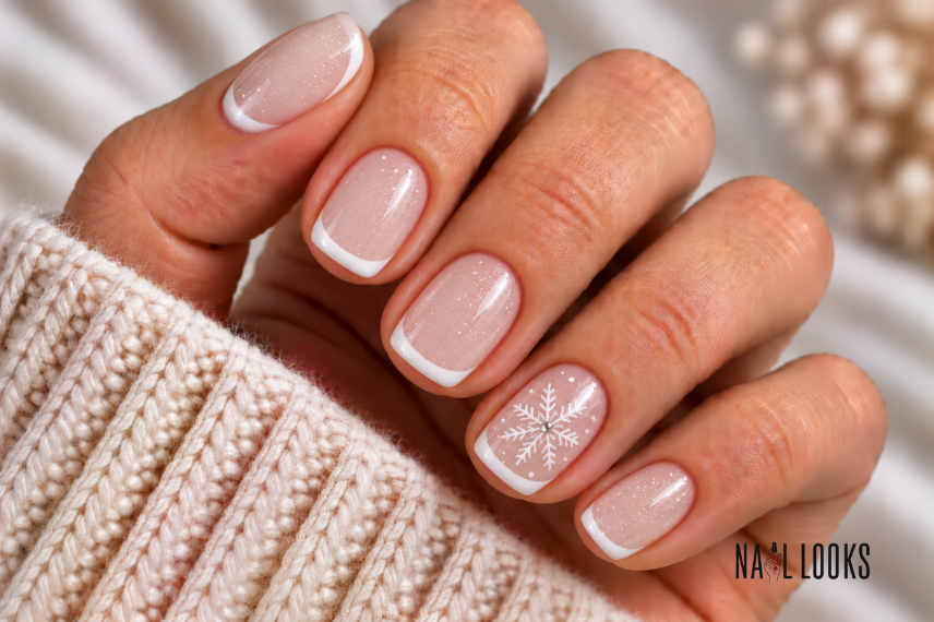 short milky French tips with snowflake