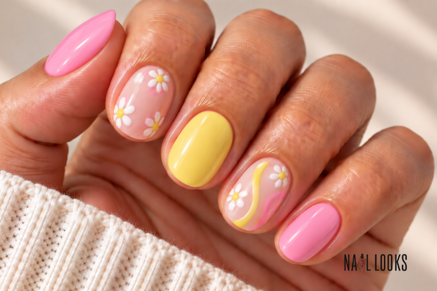 short pink and yellow nail design