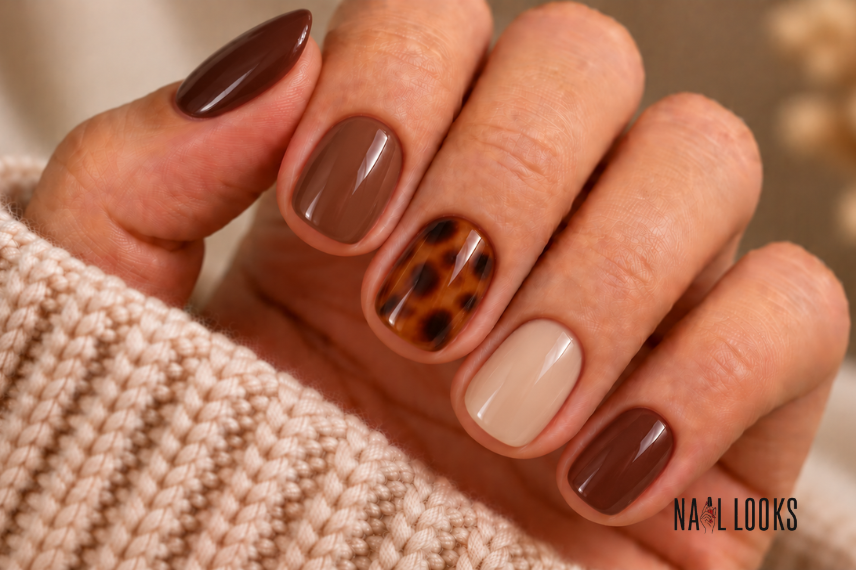 Short Tortoiseshell Accent Nails