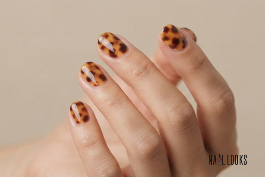 short tortoiseshell nails with larger blended patches