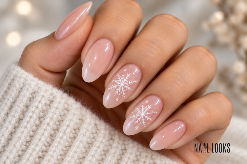 snowflake nail art on blush pink nails