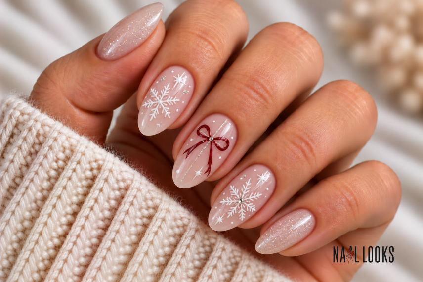 snowflake and bow nail design