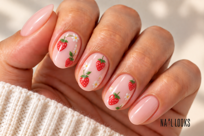 strawberry nail art on short nails