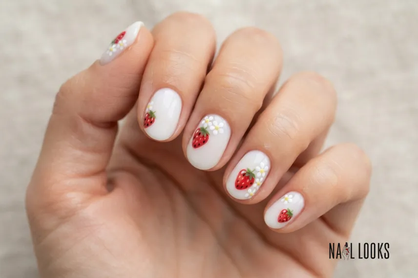 Strawberry Nails With Flowers