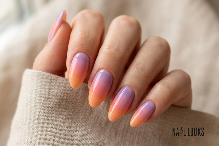 orange, pink, and purple sunset ombre nails