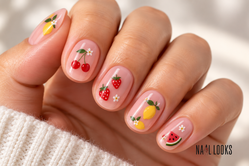 tiny fruit nail art on short nails