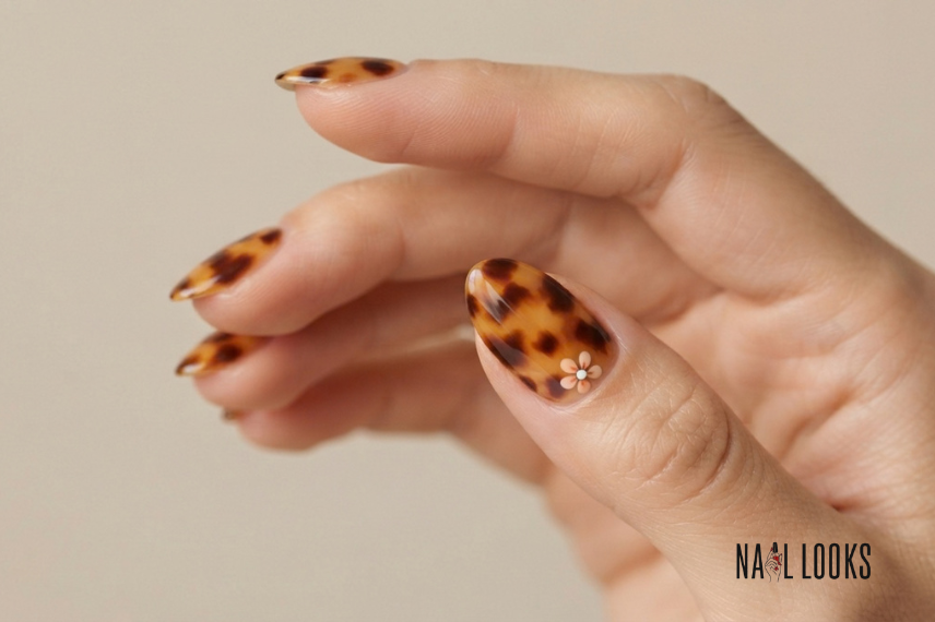 tortoiseshell nails with a small floral accent
